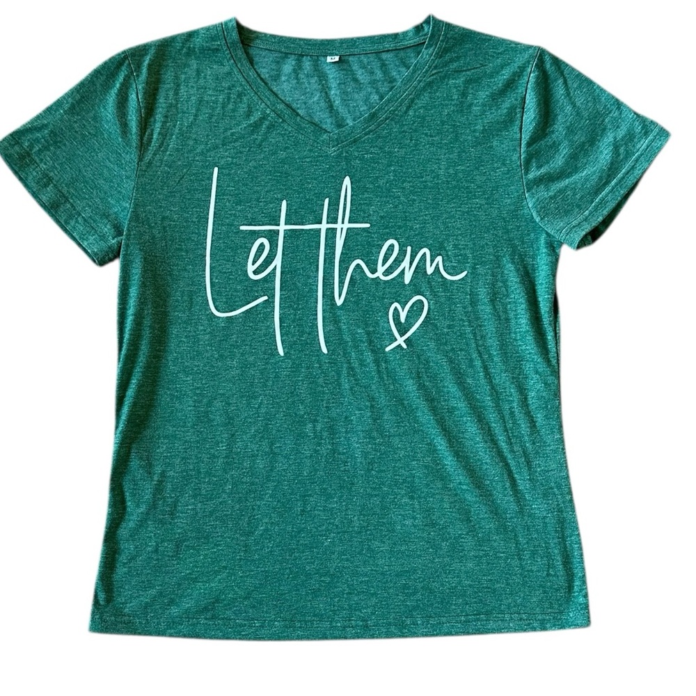 “LET THEM” green v-neck cap sleeve T-shirt size Medium